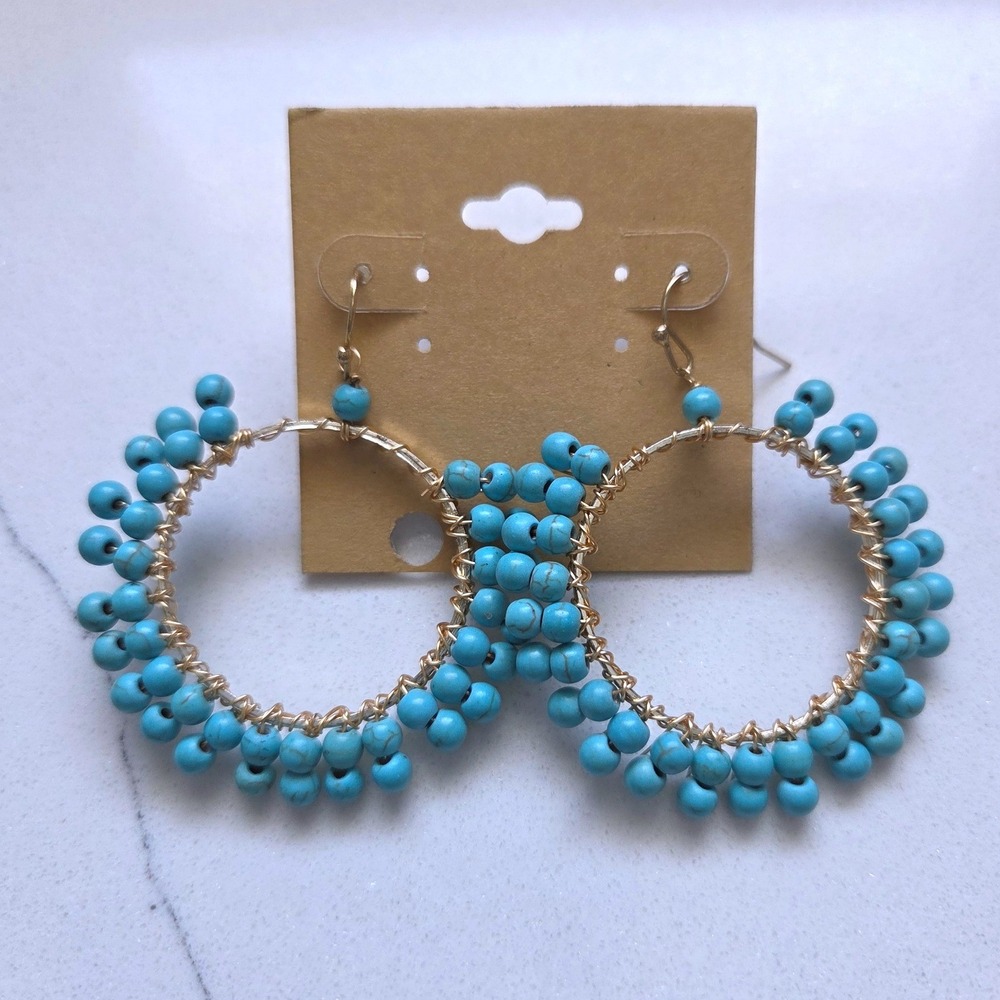 Pannee G Circle Double Beaded Hoop Earrings Turquoise Blue Gold Tone New